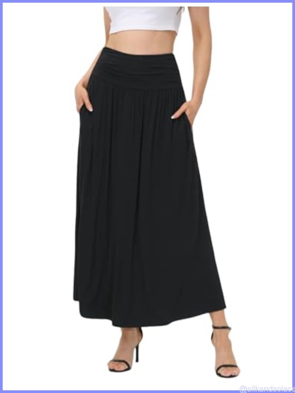 Women's Ruched High Waisted Maxi Skirt with Pockets Flowy Casual Long Skirt